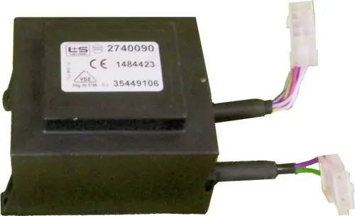 Transformator mit Anschlusskabel, gezeichnet in schwarzem Gehäuse. Anschlüsse für elektrische Verbindung sichtbar, mit Markenkennzeichnung von Wolf.